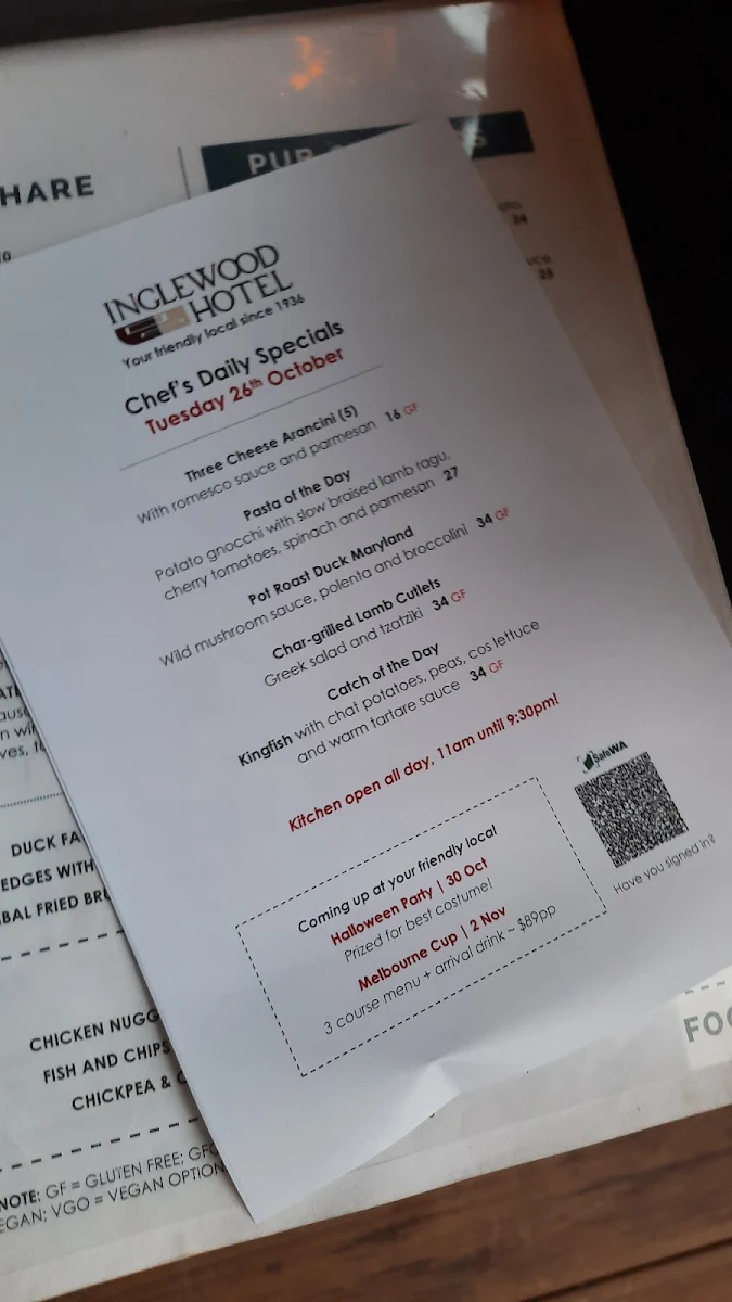 Menu, Inglewood Hotel