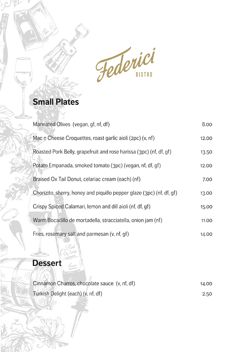 Menu, Federici Bistro
