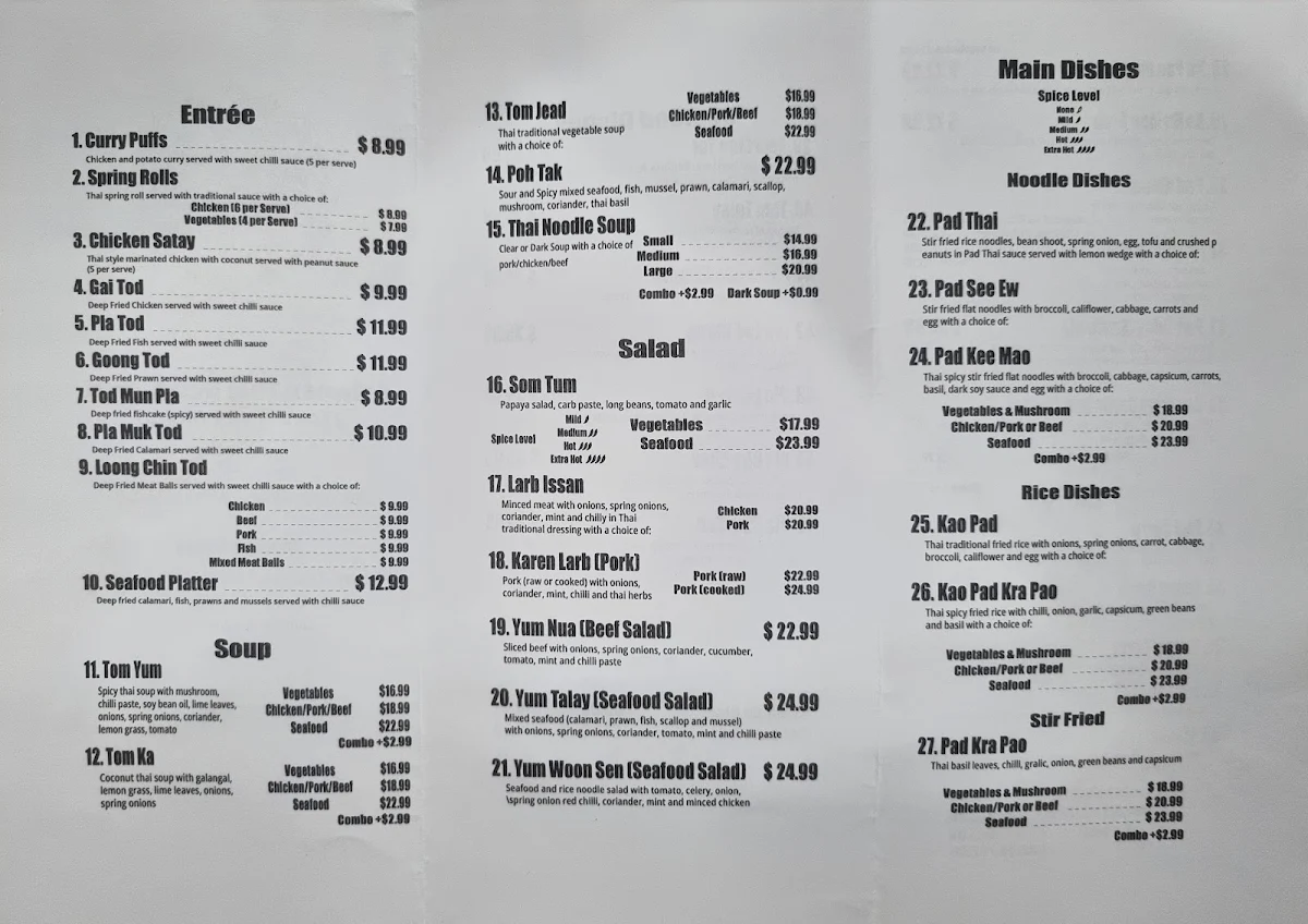 Menu, Salween Thai Restaurant
