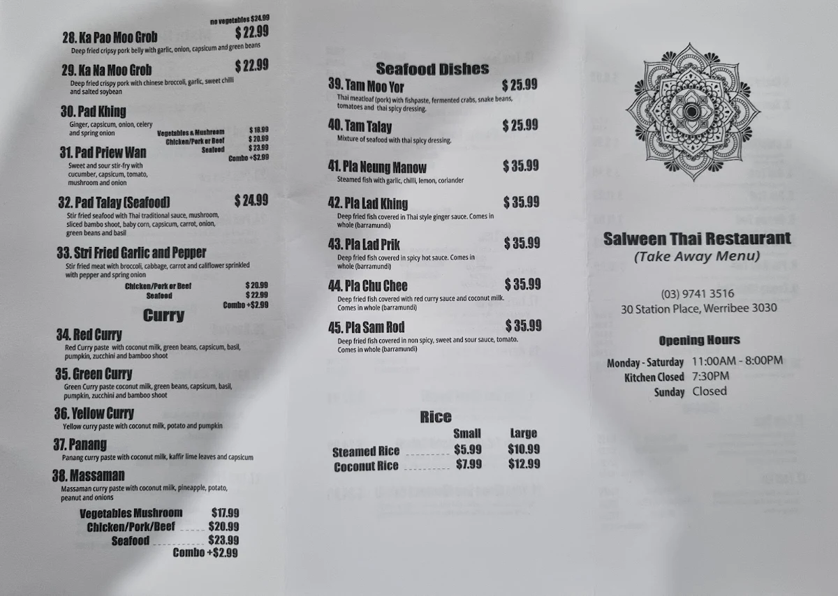 Menu, Salween Thai Restaurant