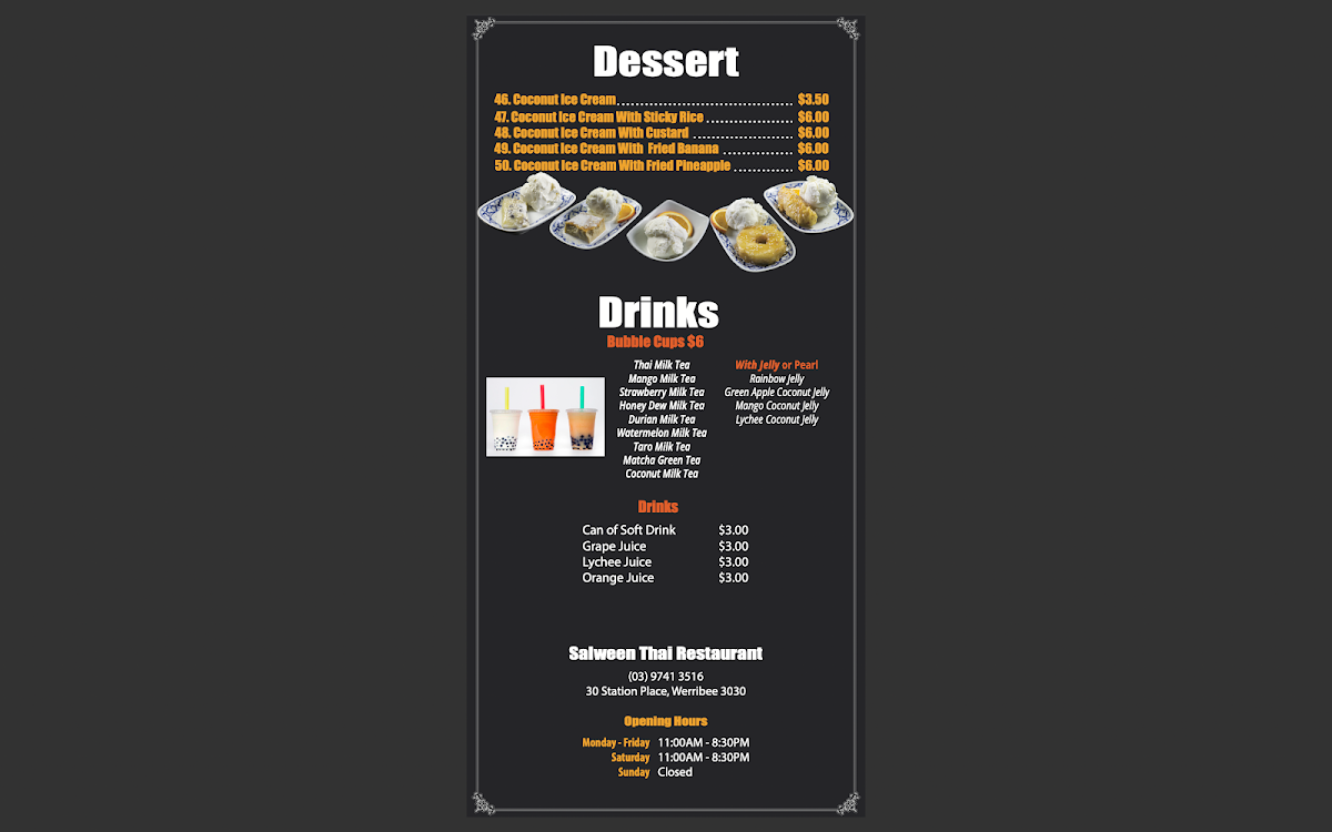 Menu, Salween Thai Restaurant