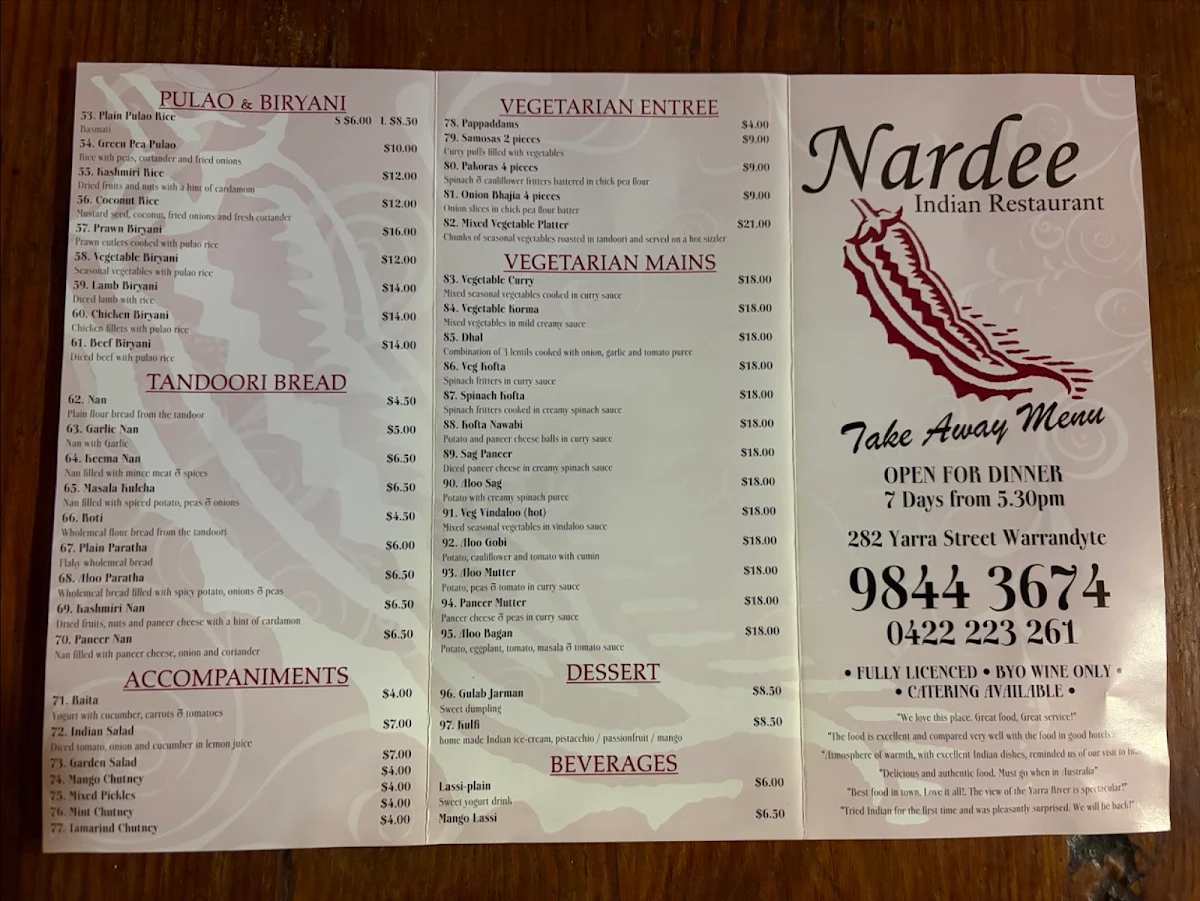 Menu, Nardee Indian Restaurant