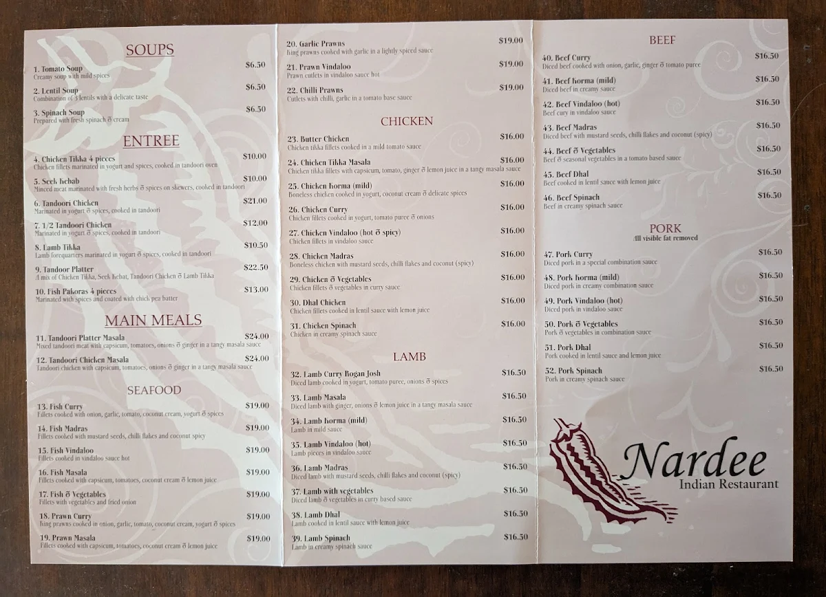Menu, Nardee Indian Restaurant