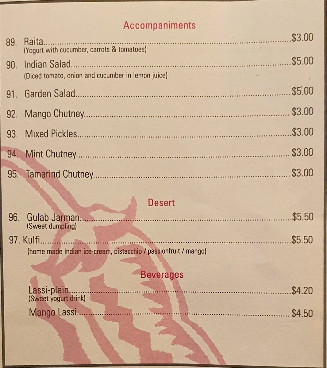 Menu, Nardee Indian Restaurant