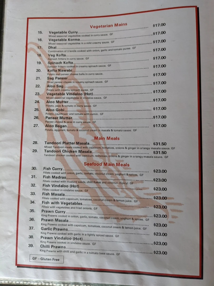 Menu, Nardee Indian Restaurant