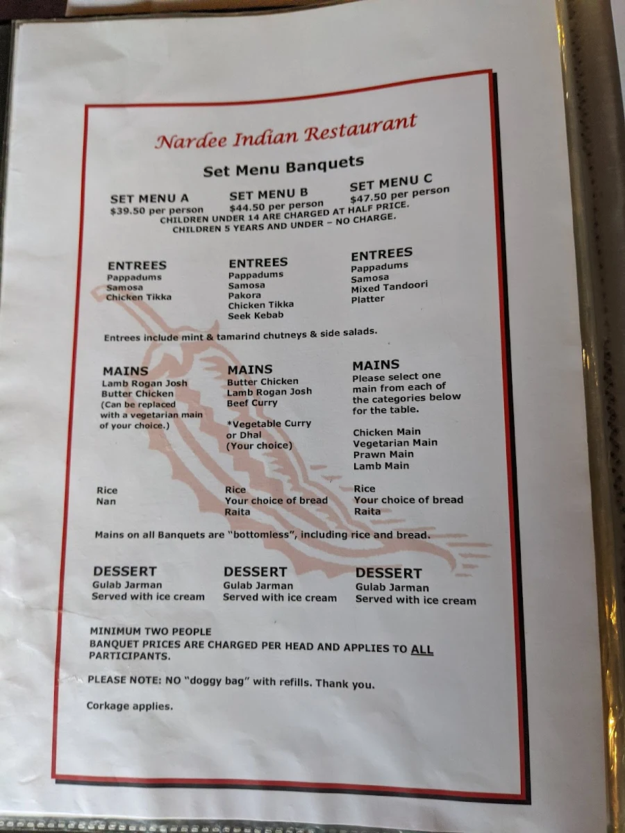 Menu, Nardee Indian Restaurant