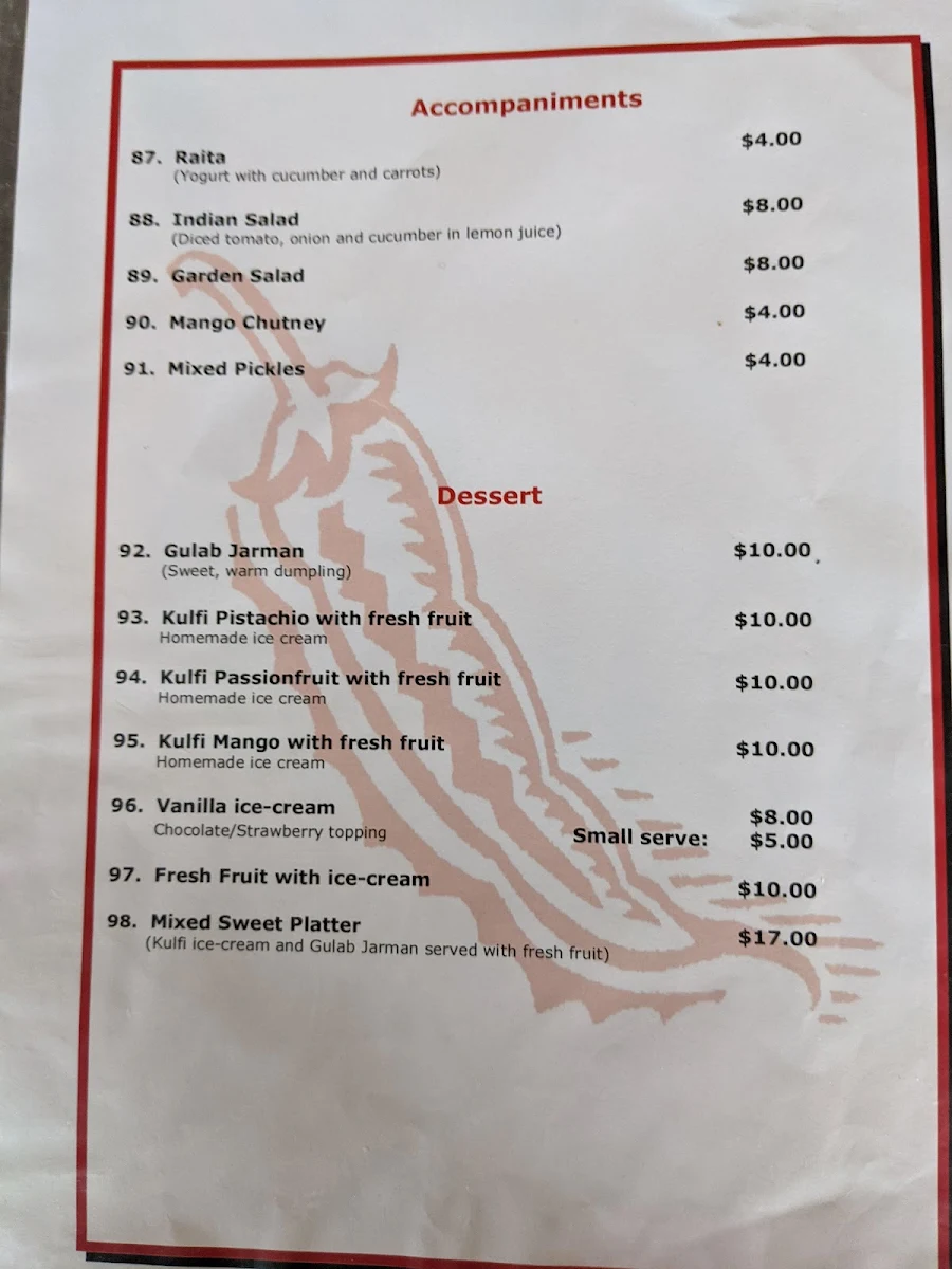 Menu, Nardee Indian Restaurant