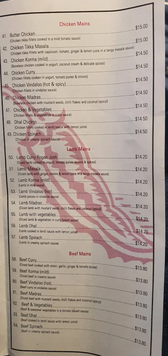 Menu, Nardee Indian Restaurant