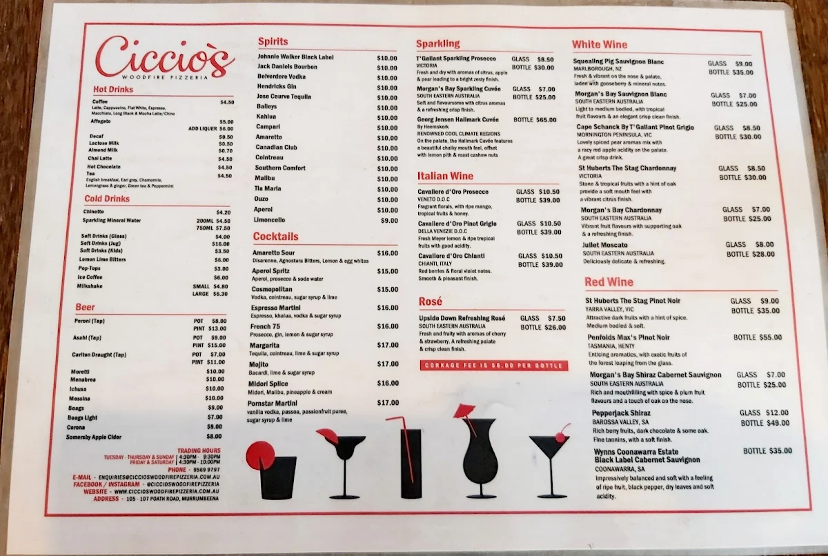 Menu, Ciccio's Woodfire Pizzeria