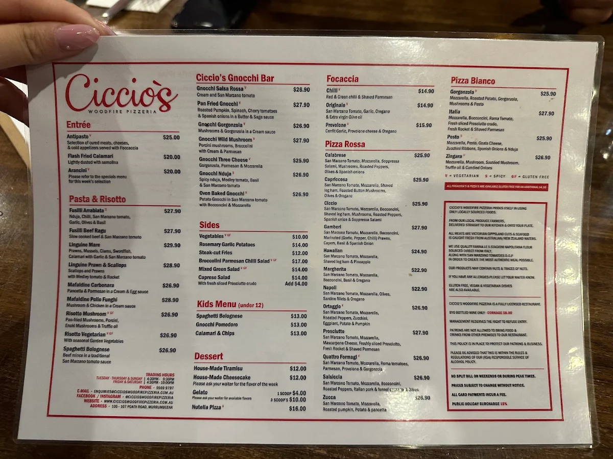 Menu, Ciccio's Woodfire Pizzeria