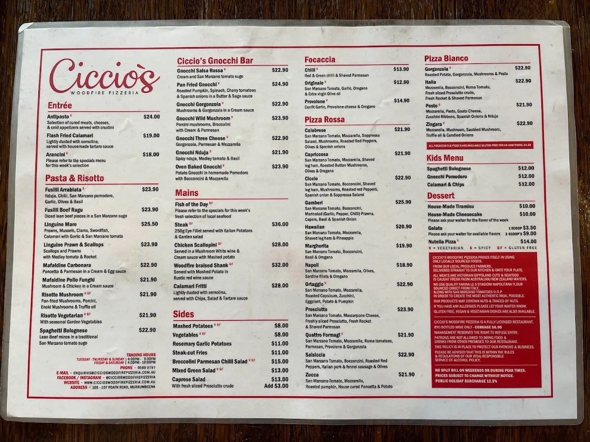 Menu, Ciccio's Woodfire Pizzeria