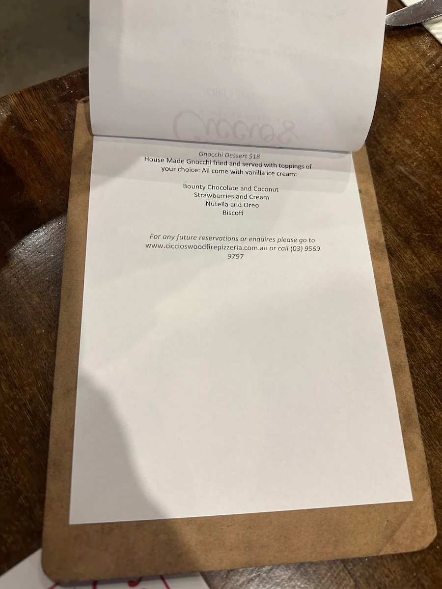 Menu, Ciccio's Woodfire Pizzeria