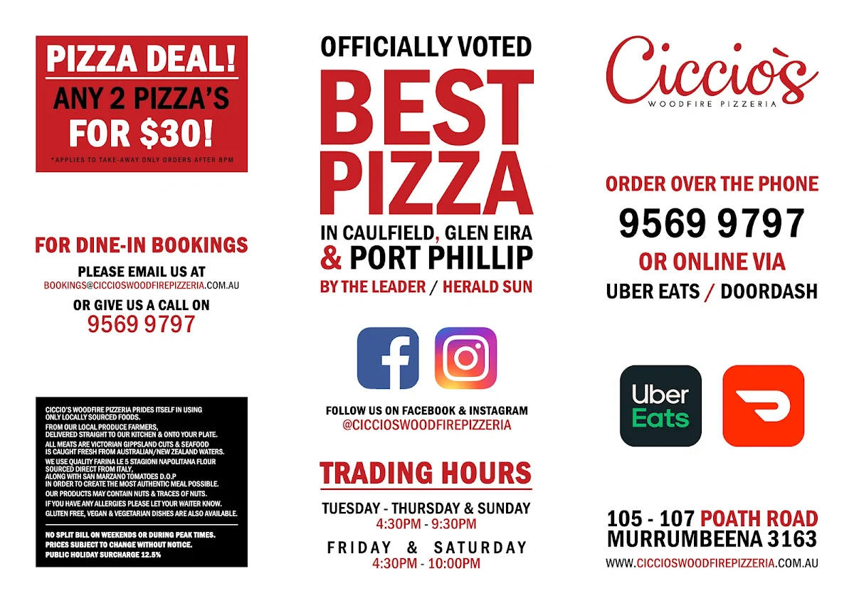 Menu, Ciccio's Woodfire Pizzeria