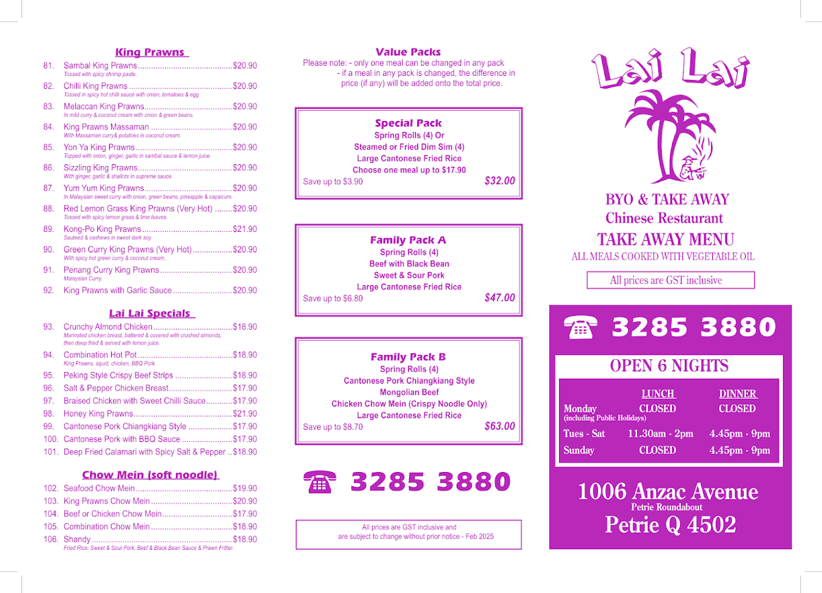 Menu, Lai Lai Chinese Restaurant