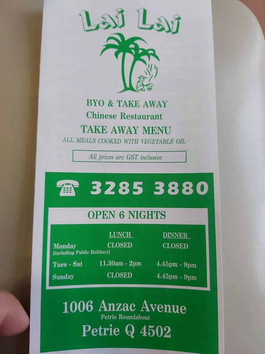 Menu, Lai Lai Chinese Restaurant