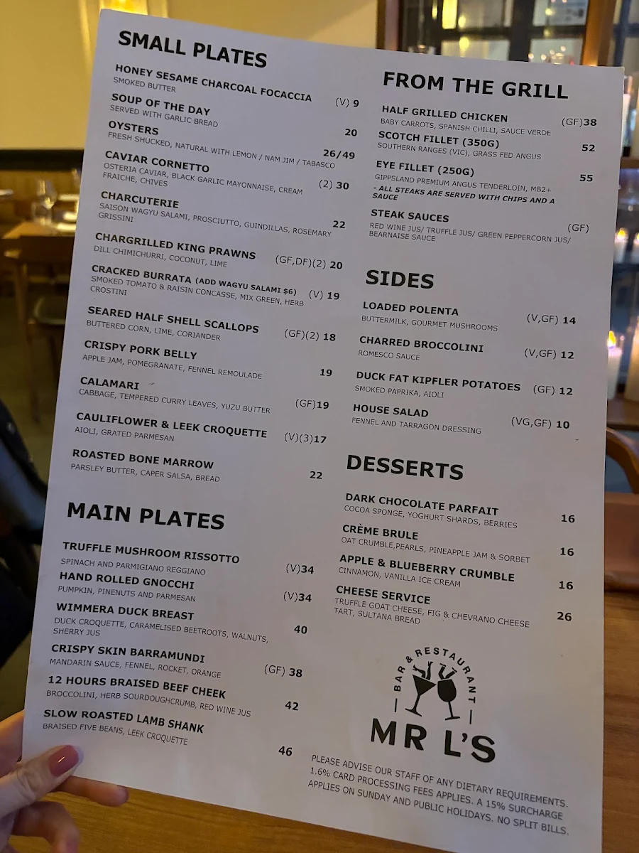 Menu, MR L’S Bar & Restaurant | South Yarra
