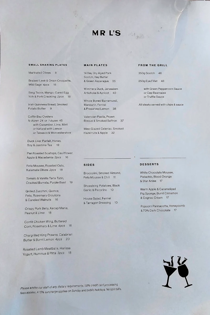 Menu, MR L’S Bar & Restaurant | South Yarra