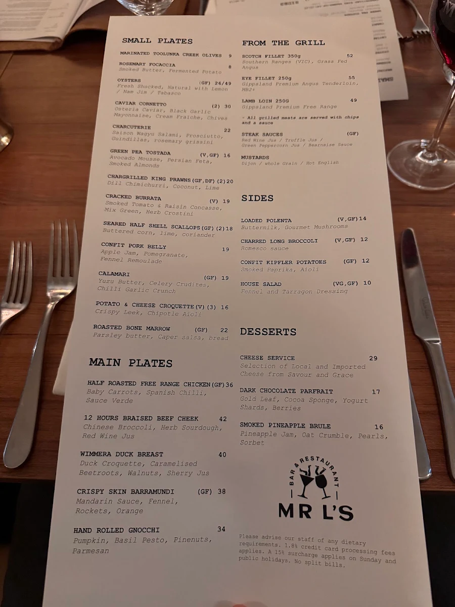 Menu, MR L’S Bar & Restaurant | South Yarra
