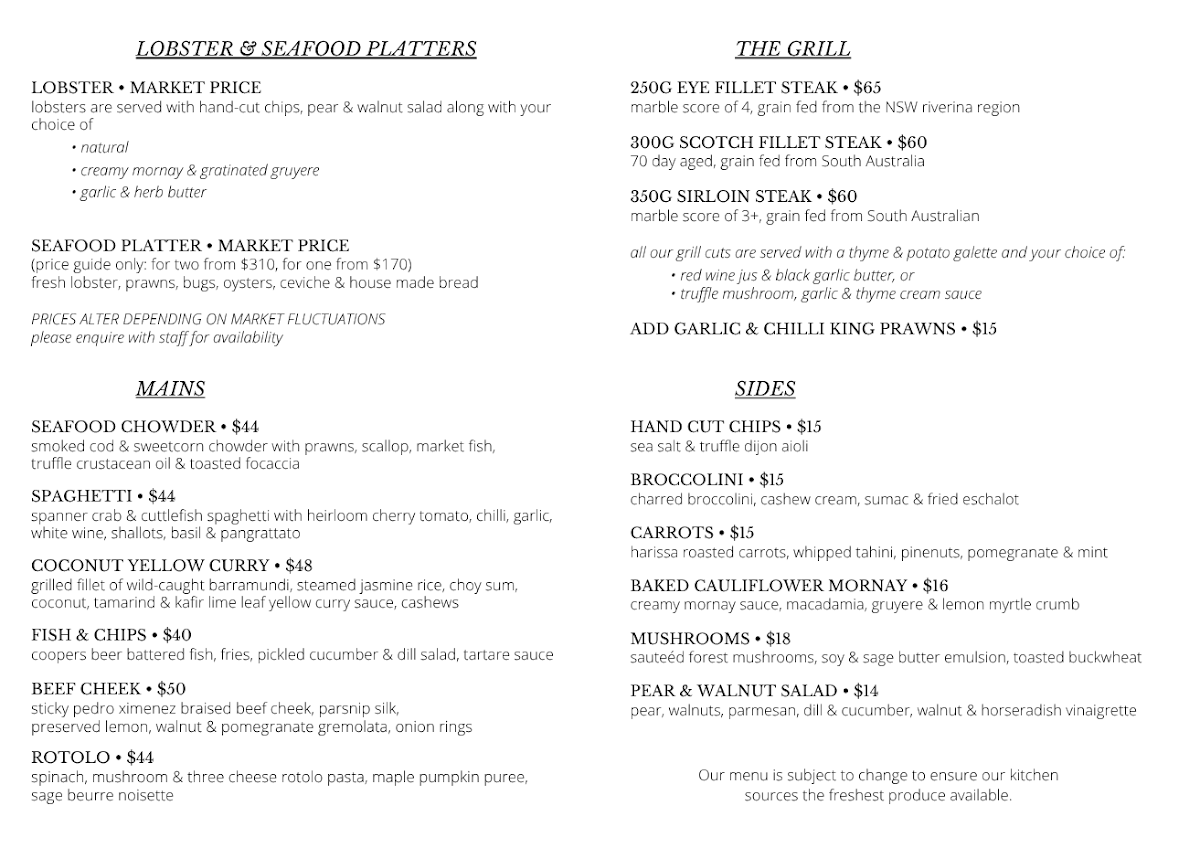 Menu, Latitude 30 Restaurant