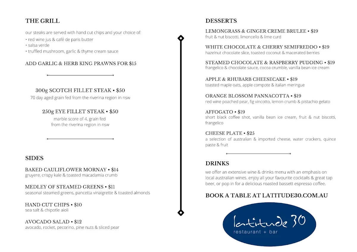 Menu, Latitude 30 Restaurant
