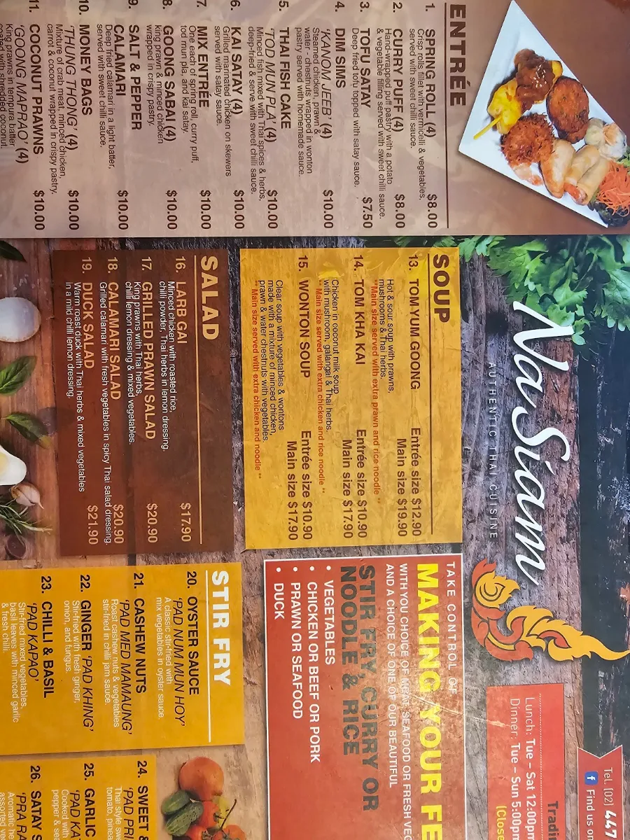 Menu, Na Siam Thai Restaurant
