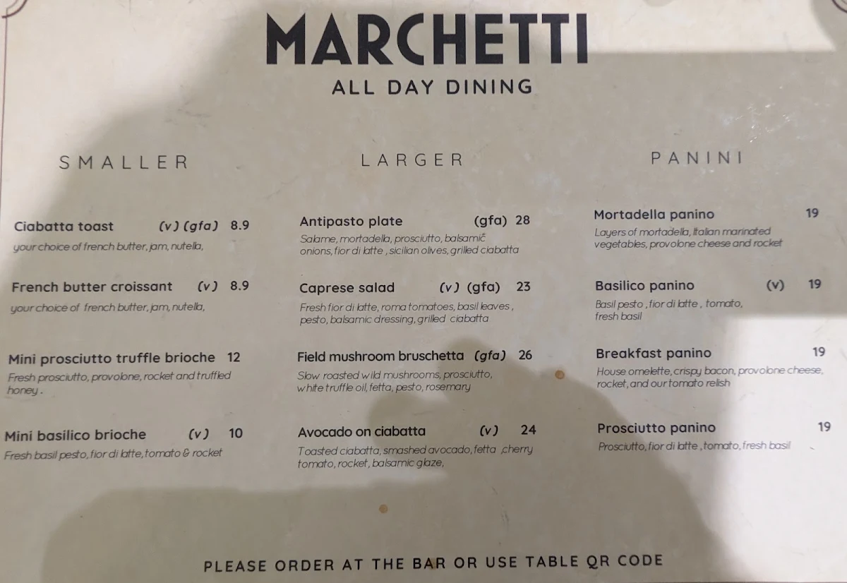 Menu, Marchetti Cafe