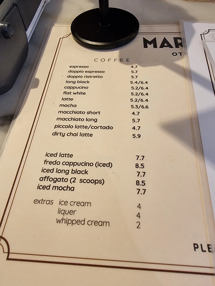 Menu, Marchetti Cafe
