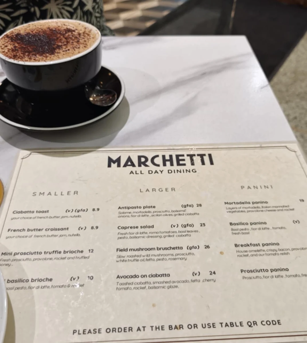 Menu, Marchetti Cafe