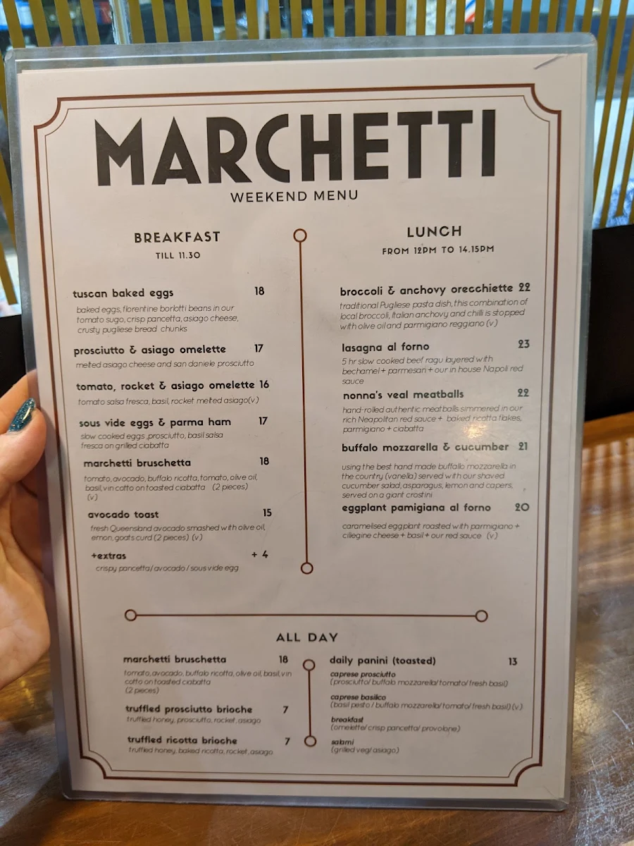 Menu, Marchetti Cafe