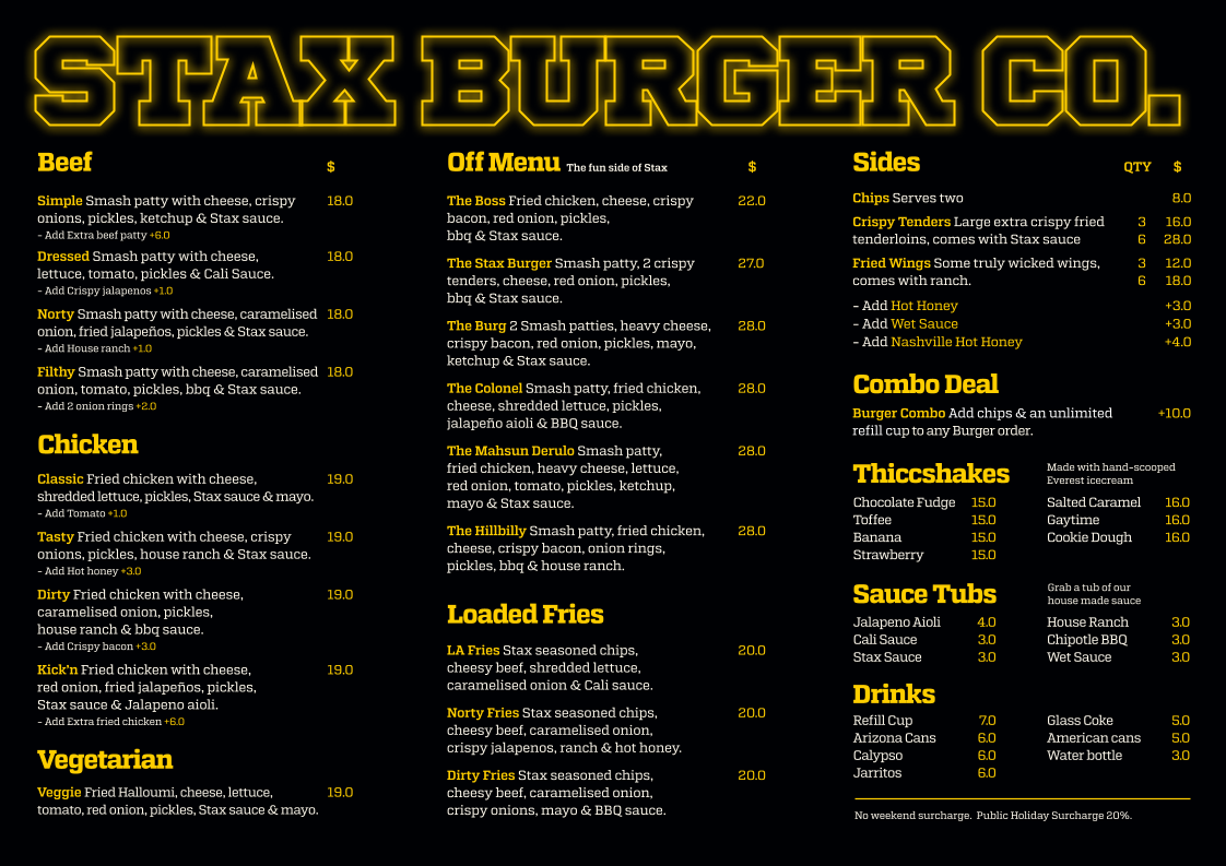 Menu, Stax Burger Co. - Golden Grove