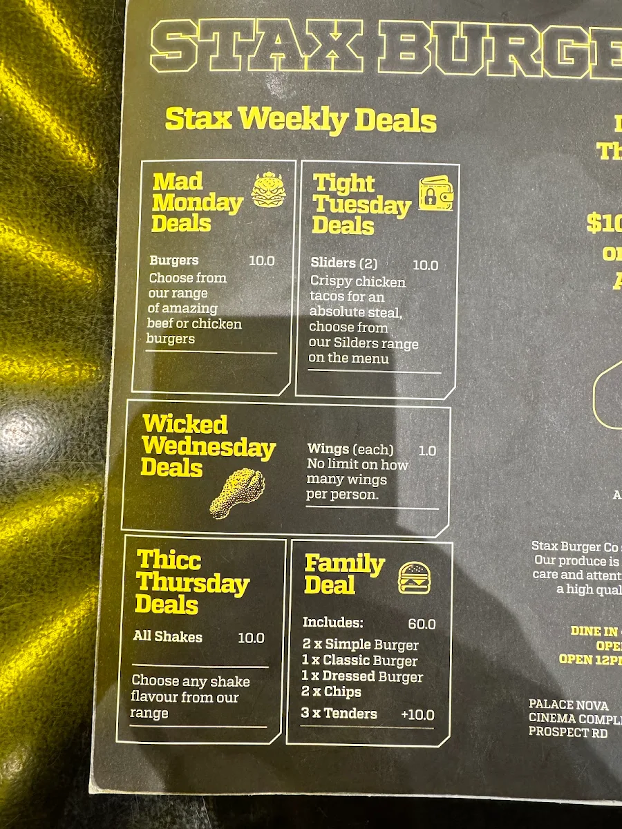 Menu, Stax Burger Co. - Golden Grove