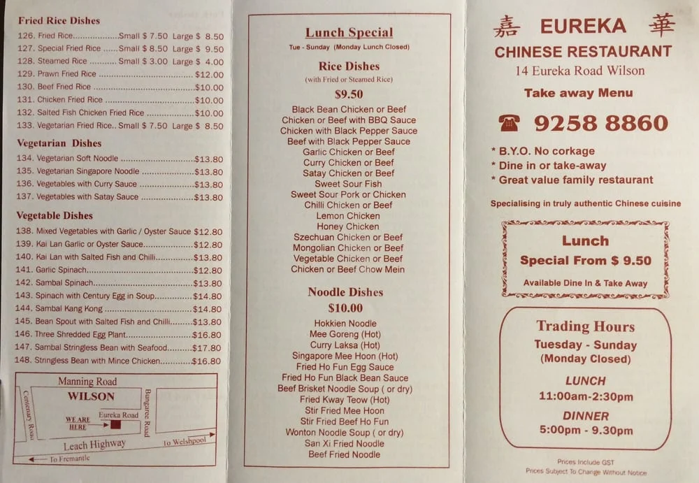 Menu, Eureka BBQ Chinese Restaurant