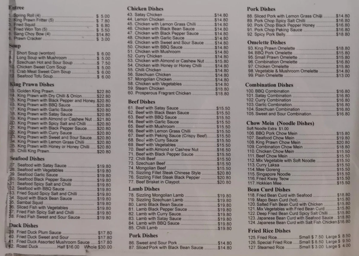 Menu, Eureka BBQ Chinese Restaurant