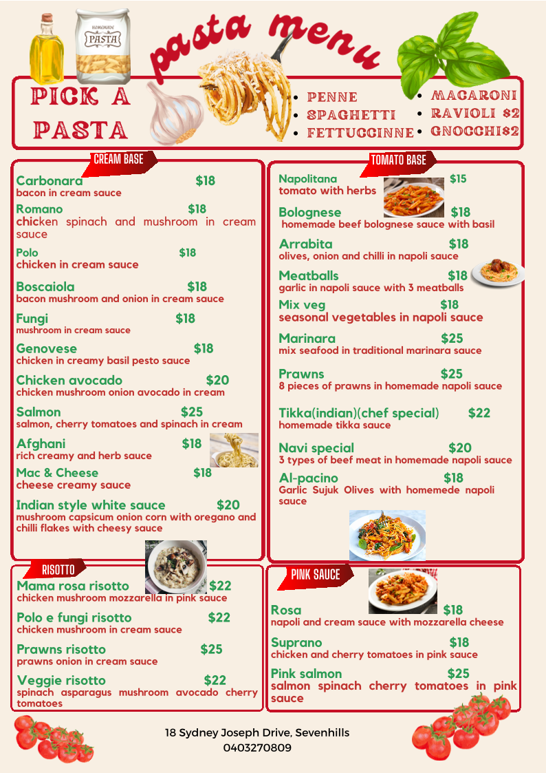 Menu, Navis Pizza Pasta Sevenhills