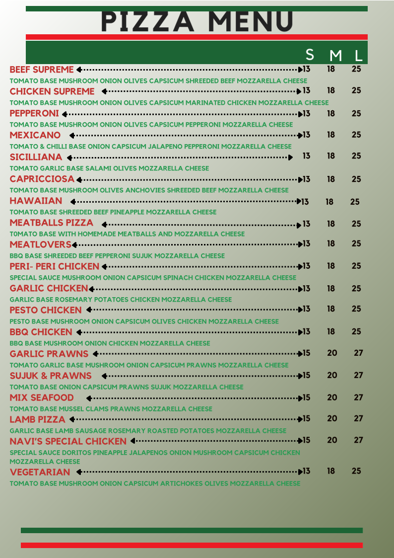 Menu, Navis Pizza Pasta Sevenhills