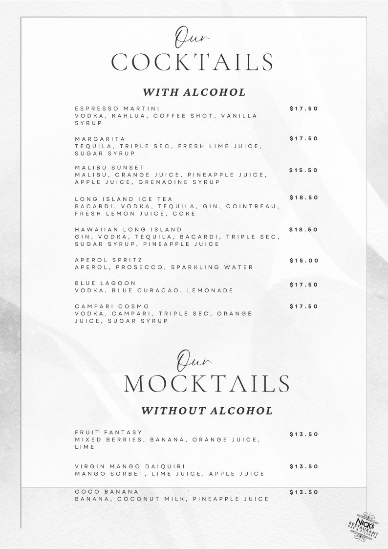 Menu, Nick's Restaurant Bar & Pizzeria