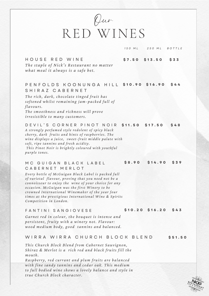 Menu, Nick's Restaurant Bar & Pizzeria