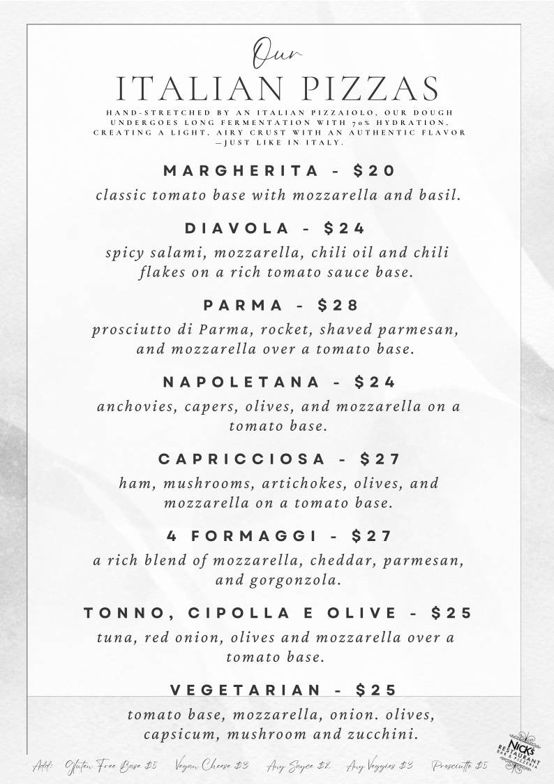 Menu, Nick's Restaurant Bar & Pizzeria