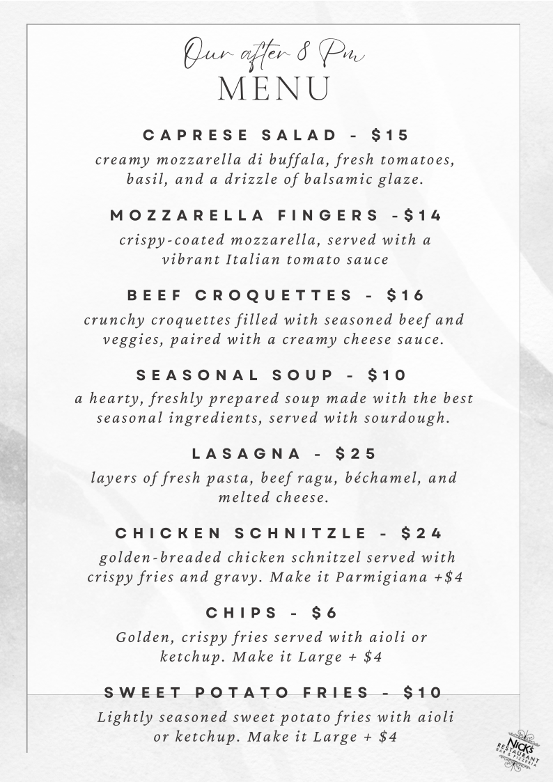 Menu, Nick's Restaurant Bar & Pizzeria
