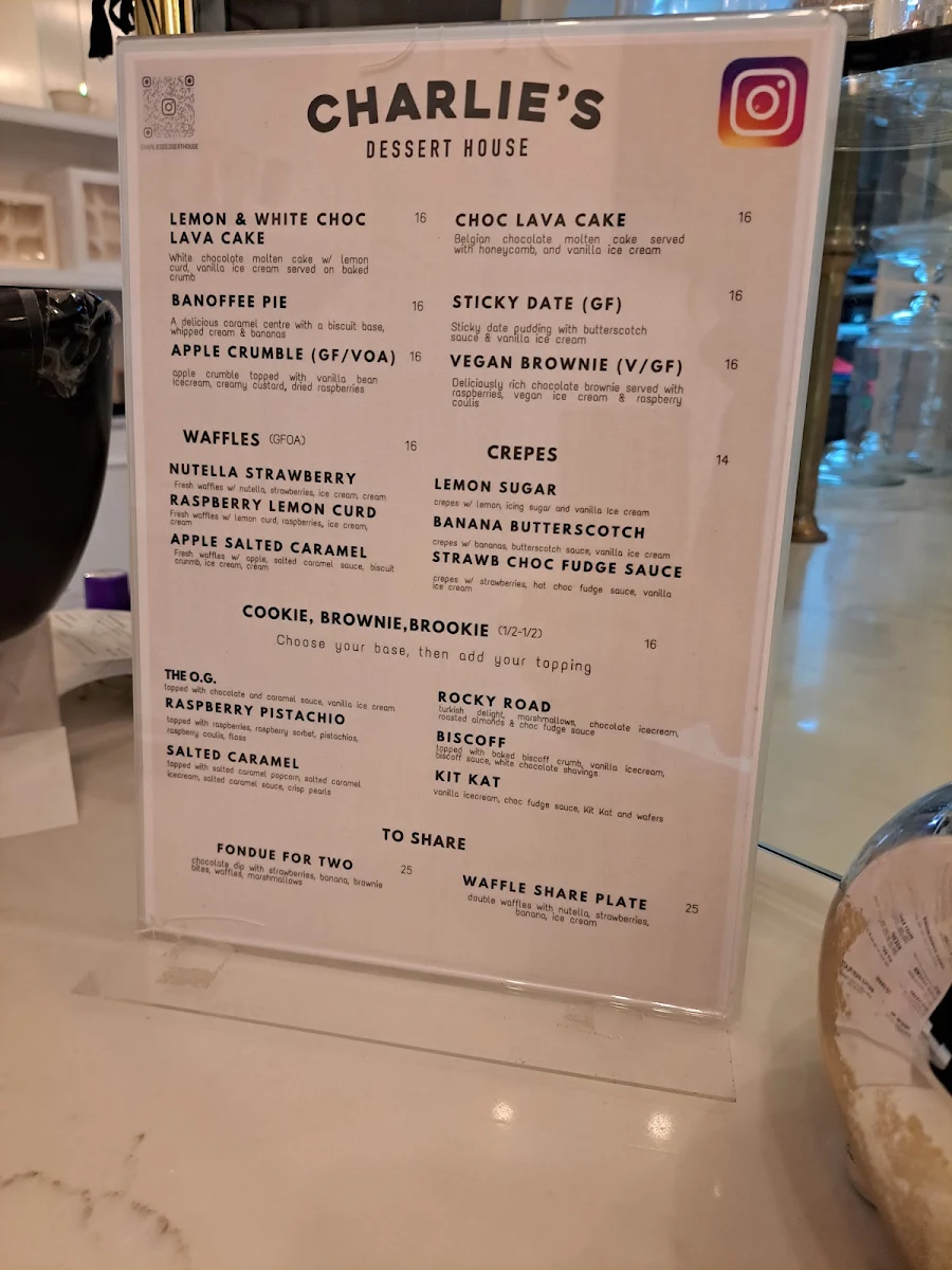 Menu, Charlie's Dessert House
