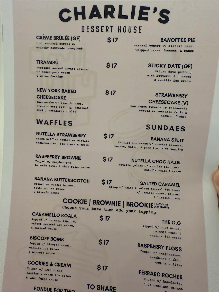Menu, Charlie's Dessert House