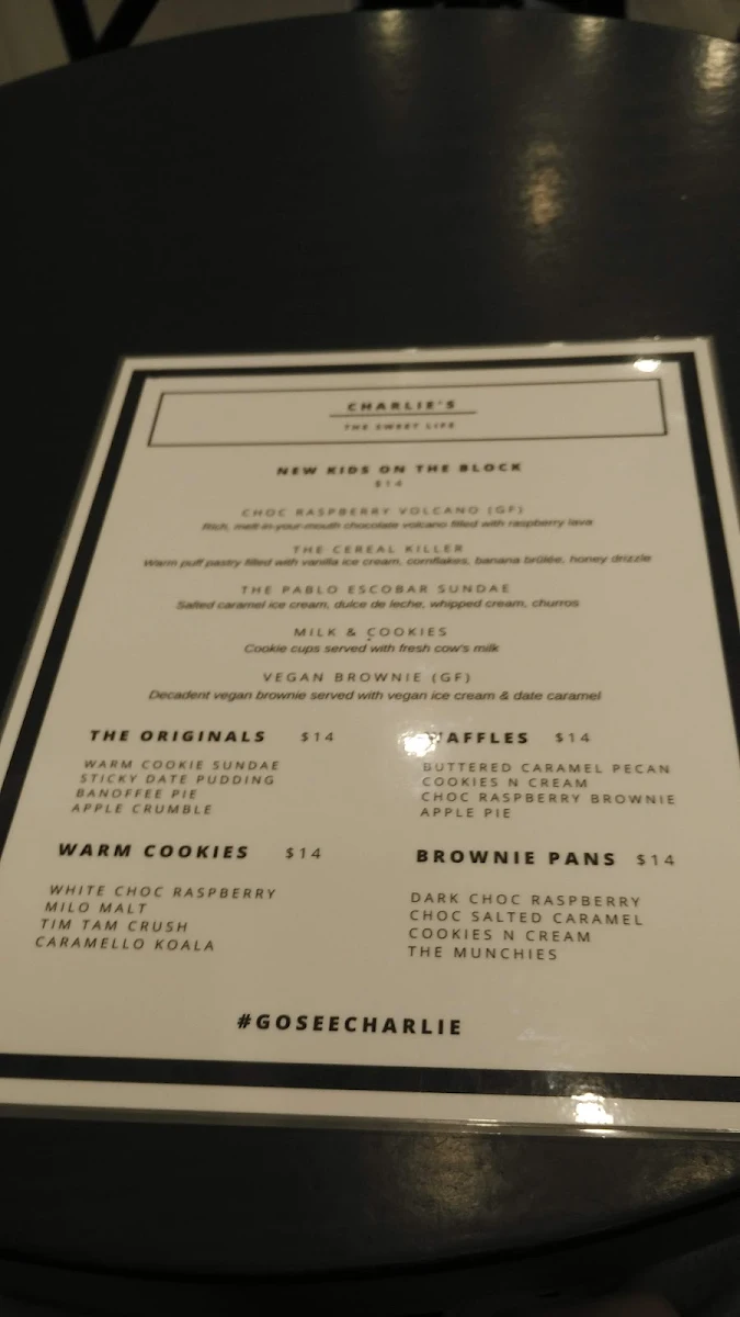 Menu, Charlie's Dessert House