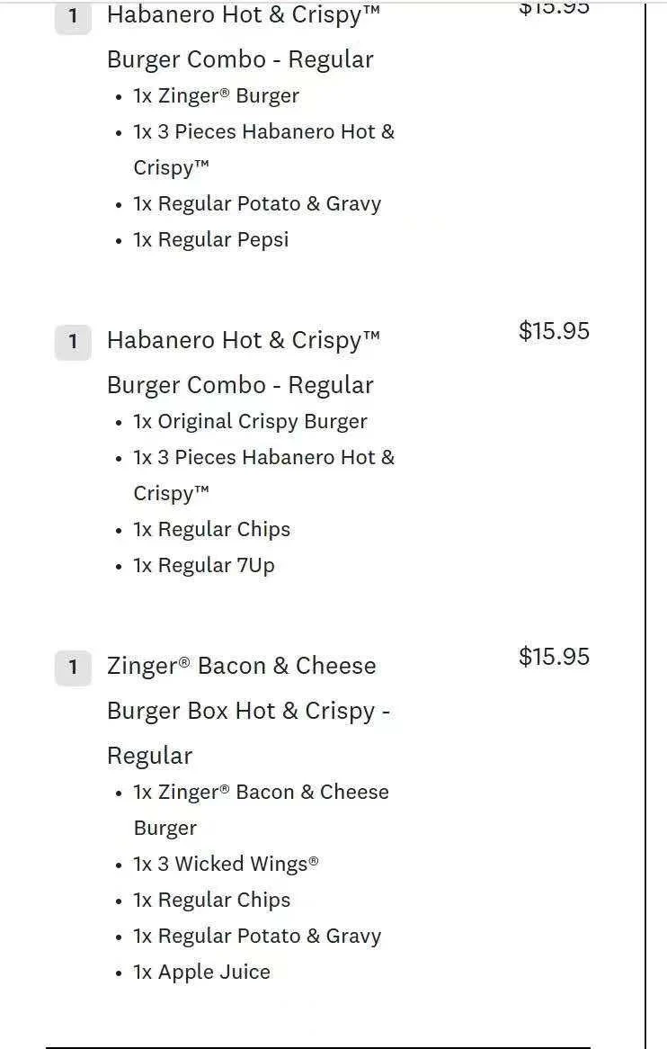 Menu, KFC Broadway Shopping Centre