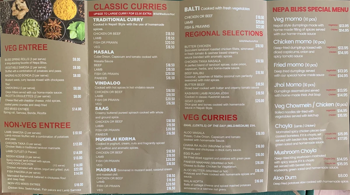 Menu, Nepa Bliss Narre Warren - Modern Indian & Nepalese Cuisine