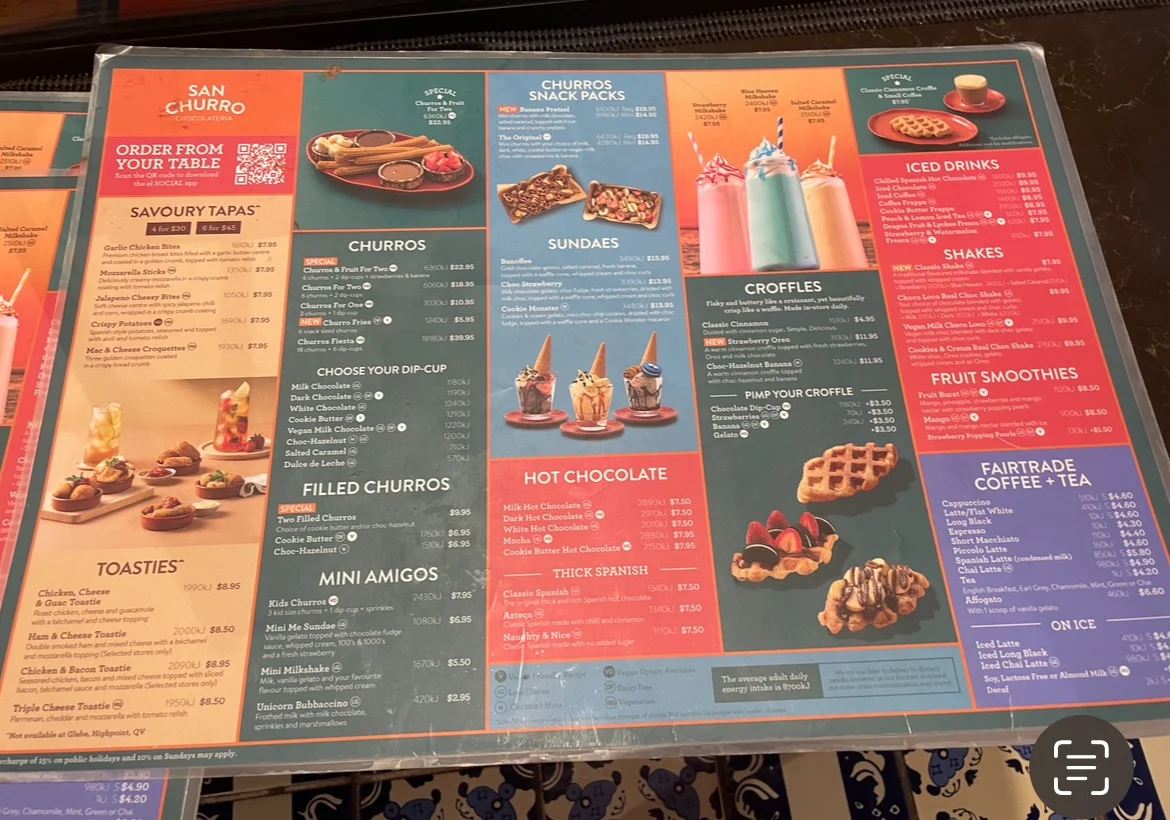Menu, San Churro Wetherill