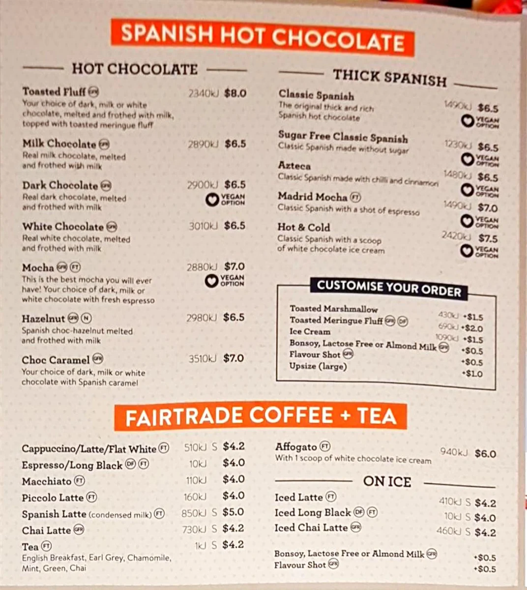 Menu, San Churro Wetherill