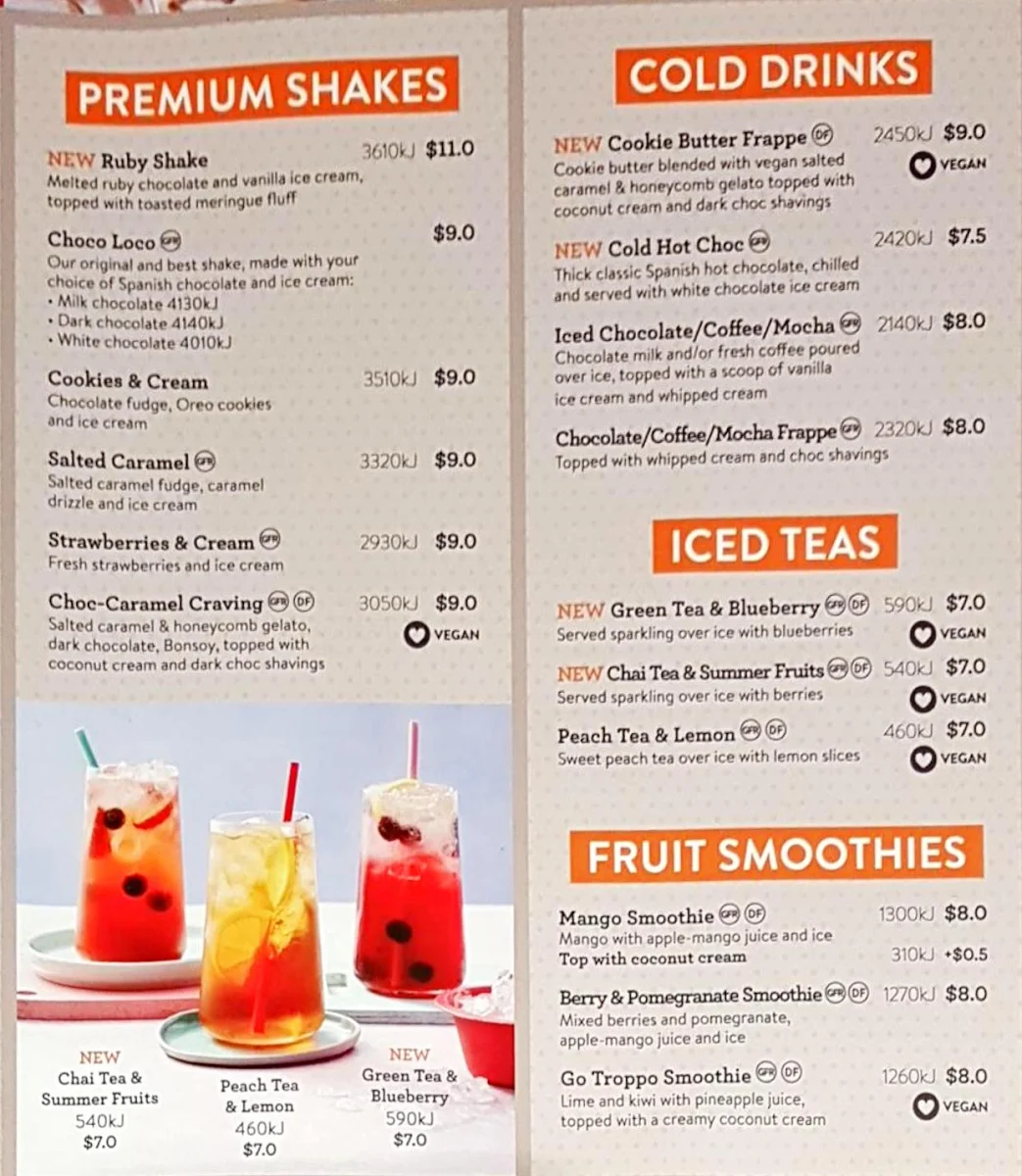 Menu, San Churro Wetherill