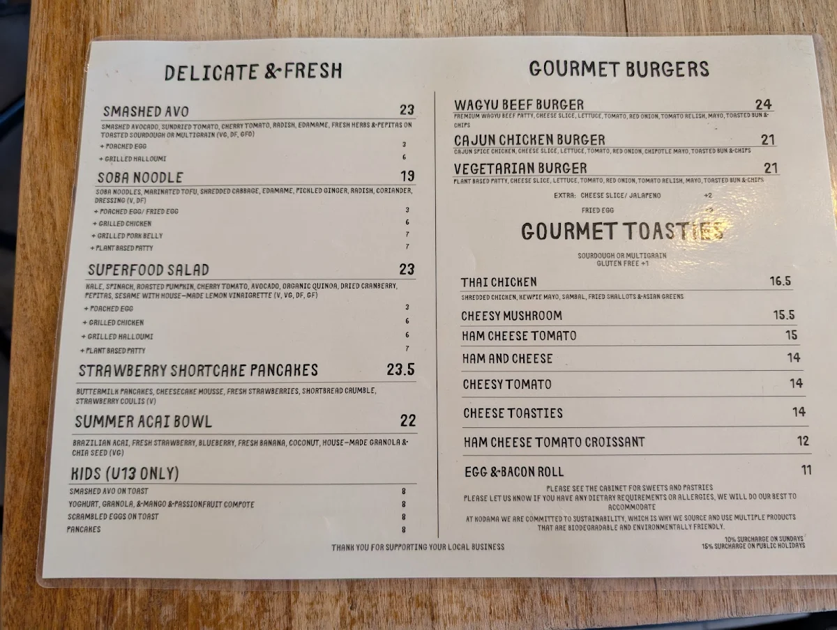 Menu, Kodama Coffee
