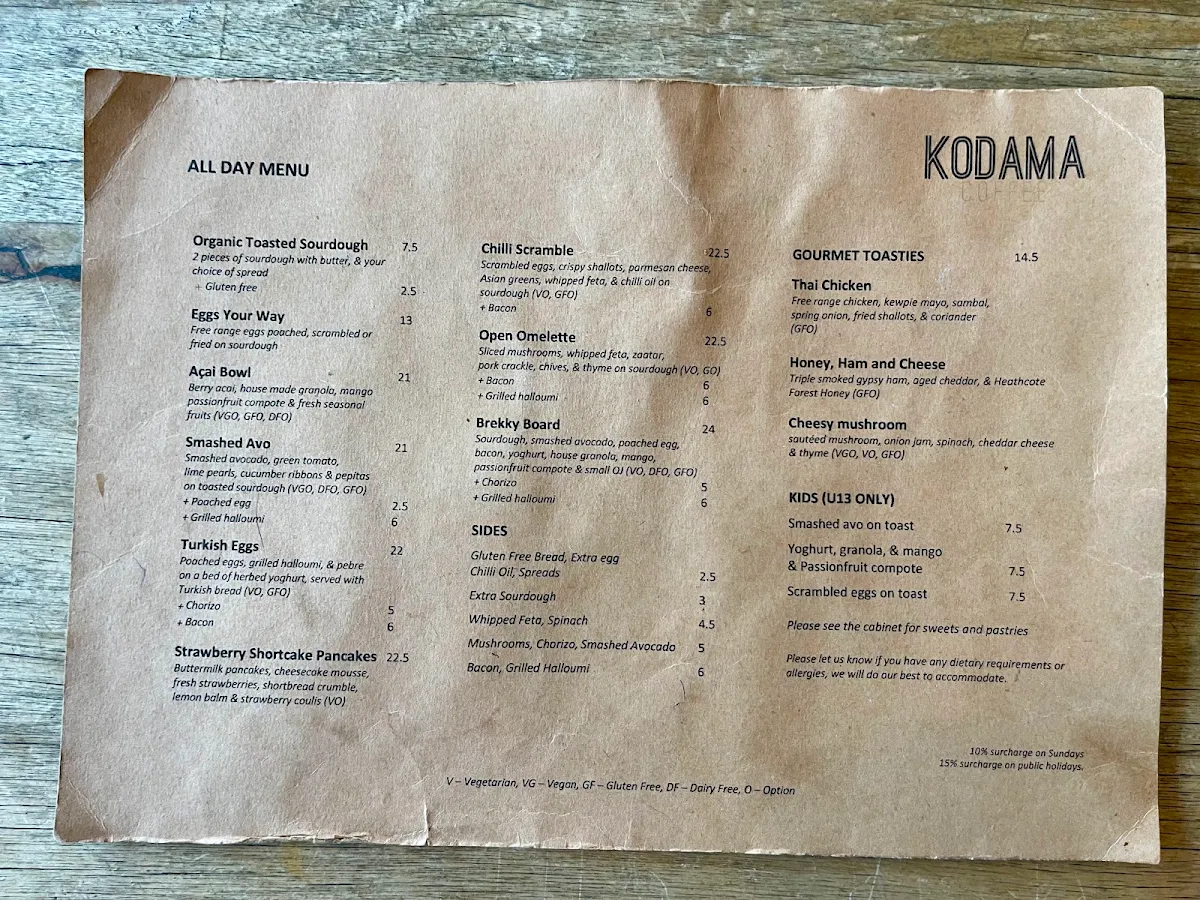 Menu, Kodama Coffee