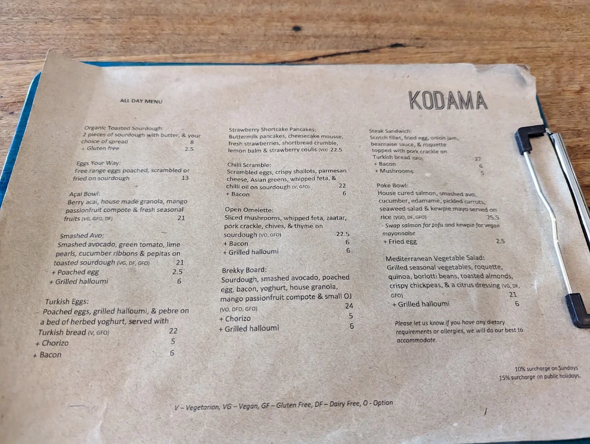 Menu, Kodama Coffee